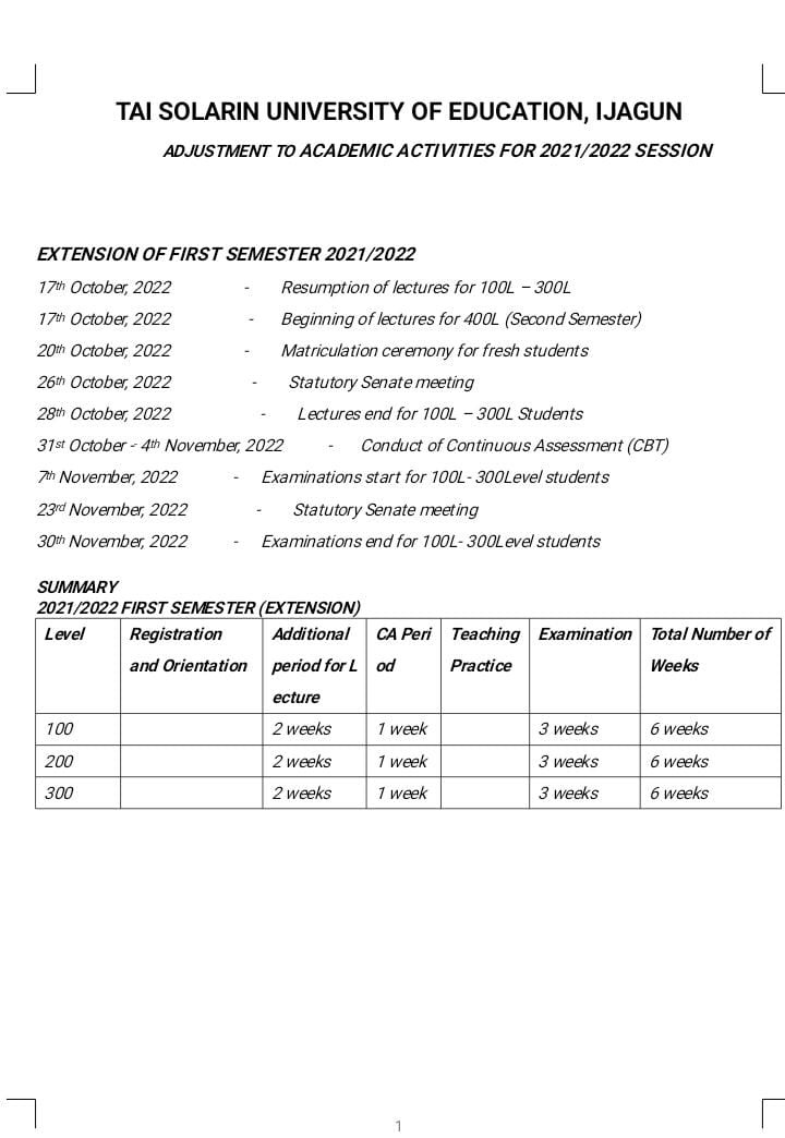 TASUED RELEASES ADJUSTED ACADEMIC CALENDAR FOR 2021 2022 SESSION Legit School Gists