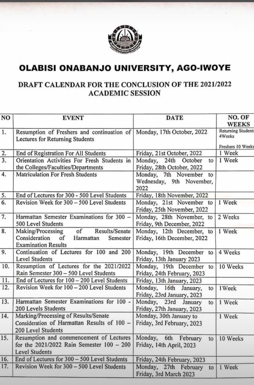 OOU ANNOUNCES RESUMPTION DATE, RELEASES ACADEMIC CALENDAR FOR THE