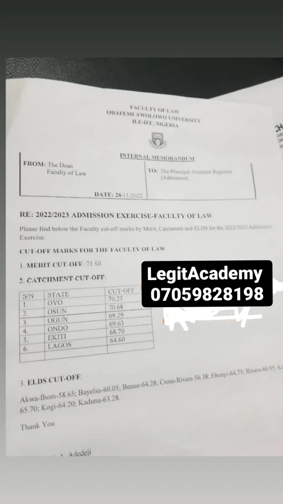 OAU RELEASES CUT-OFF MARKS FOR THE FACULTY OF LAW, 2022/2023 SESSION ...